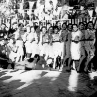 May 1956 - District 4C-4 Convention, Hoberg‘s Resort, Lake County - Most cannot be identified, partly due to photo quality and age of photo - Far left, back row: Joe Giuffre, Al Kleinbach, and Frank Ferrera; front row women, 5th: Eva Bello; last in row: Estelle Bottarini; far right, last: Charlie Bottarini; kneeling left, 2nd: Harriet Kleinbach.