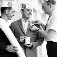 10/1/63 - White Cane Day - L to R: Charlie Bottarini, Frank Ferrera, and Walt Jebe, in publicity shots, preparing to visit stores in the area to raise funds for White Cane Day.