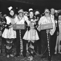 May 1968 - District 4C-4 Convention, Hoberg’s Resort, Lake County - Costume Parade - Estelle & Charlie Bottarini and Eva & Pete Bello strike a pose after the parade surrounded by Lions and members of other clubs.