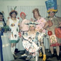 May 1968 - District 4C-4 Convention, Hoberg’s Resort, Lake County - Tail Twister Contest - Standing, L to R: Al Kleinbach, Ron Faina, Bob Woodall, Pete Bello, and Frank Ferrera. Kneeling is Charlie Bottarini - all dressed and ready for the skit.