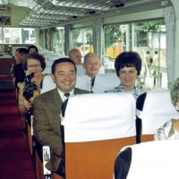 July 1969 - Lions Clubs International Convention, Tokyo, Japan - Members from around the world on their way to the convention. Back left in sun glasses is Joe Giuffre, and center in brown plaid coat is Frank & Pat Ferrera.