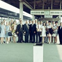 July 1969 - Lions Clubs International Convention, Tokyo, Japan - Members from around the world at the train station. Far left is Joe & Emma Giuffre. Centered, behind Lions in dark suits is Frank Ferrera. Fifth from right, is Estelle & Charlie Bottarini, and Pat Ferrera.