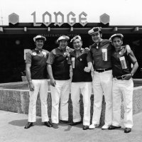 May 1972 - Konocti Harbor Lodge, Lakeport - L to R: Ron Bankson, Ron Faina, Frank Ferrera, Art Blum, and Charlie Bottarini posing in front of the lodge.