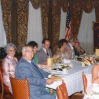 6/21/75 - Installation of Officers, Presidio Golf Club, San Francisco - L to R: Joe (end of table) & Emma Giuffre, Marcy & Charles Stuhr, Marjorie & Pat Martin, and Elva & Ozzie Buoncristiani (in front of banner.) Opposite table: wife.