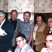 12/18/75 - Induction of New Members, Chuck Wagon, San Francisco - L to R: standing: Joe Giuffre, PDG; Charles Stuhr (sponsor), Giulio Francesconi (new member), Mike Spediacci (new member), and Bill Tonelli (sponsor); seated: Jerome Ennis, and Ray Squeri.