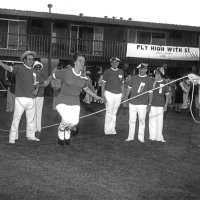 May 1977 - District 4-C4 Convention, El Rancho Tropicana, Santa Rosa - L to R: Ron Faina, Penny Shortz, Eva Bello (jumping), Handford Clews, Pete Bello, wife, and Margot Clews.