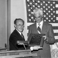 7/10/76 - Installation of Officers, Fort Mason Officers Club, San Francisco - Bill Tonelli, on left, presenting a Past Presidents plaque to Outgoing President Al Gentile.