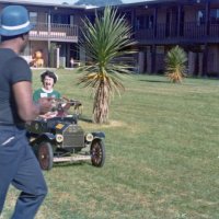 May 1978 - District 4-C4 Convention, El Rancho Tropicana, Santa Rosa - Estelle Bottarini driving the miniature car around the quad.