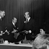 May 1982 - District 4-C4 Convention, El Rancho Tropicana, Santa Rosa - Joe Farrah, Deputy District Governor, in center by podium, congratulating and presenting certificates to guests and attendees.