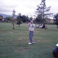 5/14/86 - District 4-C4 Convention, Santa Rosa - Golf Tournament - First event of the convention on Wednesday morning - Charlie Bottarini finishes a fairway shot as Dick Johnson and Handford wait behind the far tree.