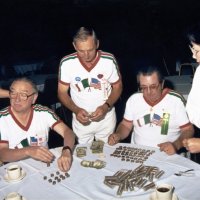 May 1987 - District 4-C4 Convention, El Rancho Tropicana, Santa Rosa - Tail Twister Contest - L to R: Frank Ferrera, Charlie Bottarini, and Ron Faina “selling” change before the Tail Twister Contest.