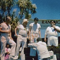 5/17/86 - District 4-C4 Convention, El Rancho Tropicana, Santa Rosa - Grape Crushing Competition - L to R: Dick Johnson, Frank Ferrera, Lyle Workman, and John Madden.