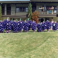 May 1987 - District 4-C4 Convention, El Rancho Tropicana, Santa Rosa - Costume Parade - Posing grapes: L to R: unknown, Handford Clews, unknown, unknown, Diane Johnson, unknown, Dick Johnson, and the last five, unknown.