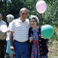 May 11, 1987 - Birthday party for Harriet Kleinbach - Charlie Bottarini with Harriet; Frank Ferrera on left edge.