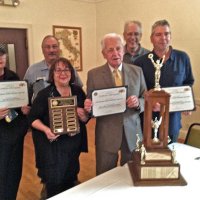 5-18-16 - Italian American Social Club, San Francisco - Displaying the plaque, trophy, and certificates won in the District 4-C4 Youth & Activities Raffle. L to R: Snaron Eberhardt, George Salet, Viela du Pont, Ward Donnelly, Lyle Workman, and Stephen Martin.