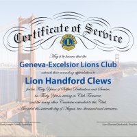 8/16/17 - 68th Installation of Officers, Sharp Park Restaurant, Pacifica; Honoring Lion Handford Clews for 40 Years of Service and 30 years as Club Treasurer - Certificate presented to Lion Handford Clews.