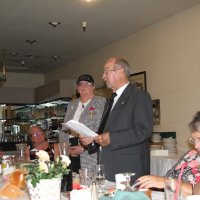 8/16/17 - 68th Installation of Officers, Sharp Park Restaurant, Pacifica - Guest, guest, Lion Sharon Eberhardt, and Lion PDG Art and Sylvia Pignati, with Lion ZC Maryah Tucker peeking in.