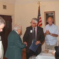 8-17-22 - 73rd Installation of Officers, Italian American Social Club - L to R: Bill Stipinovich, Joe Farrah, Mario Benavente, Bill Britter, and Bill Graziano. Mario Benavente presenting, and congratulating, Joe Farrah on 52 years of service to the Geneva-Excelsior Lions Club.