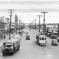 Posted 11-7-22 by Jack Tillmany to Market Street Railway Facebook Group - Looking east down Geneva Avenue - 7-31-37: MSRY 735 poses for posterity at Geneva & Mission on the last day of rail operation on Line 39, the 2.5 mile Visitacion Valley Shuttle that took passengers to a connection with Line 16 at Six Mile House at the County Road (now Bayshore Blvd.) A pioneer Fageol in service on MSRY’s first motor coach route, Line 50 (Crocker-Amazon) (established 1926) stands by on Geneva Avenue.