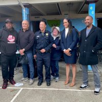 8-2-22 - National Night Out with SFPD, Hertz Playground, San Francisco - Group enjoying the event including third from left, SFPD Captain Derrick Lew from Ingleside Station, and second from right, Brooke Jenkins, S.F. District Attorney.
