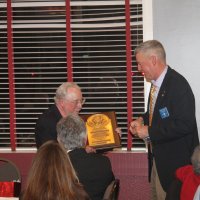 7-19-23 - Basque Cultural Center, South San Francisco - 74th Installation of Officers - Bob Lawhon, left, finally gets his hands on his plaque.
