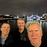 10-16-23 - London, England - Steve Martin, center, with his two brothers. London’s Tower Bridge, and the Thames River, in the background.