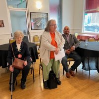 6-19-24 at regular meeting at the Italian American Social Club, San Francisco - Balboa Alumni Assoc. members, L to R, Marcia Parrott (F’63), Vickie Hackett (S’71), and Jorge Leiva (’89). Vickie Hackett adding her view of how our donations are spent.