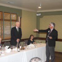 8-21-24 - 75th Installation of Officers, Basque Cultural Center, South San Francisco - Standing are Mario Benavente giving Steven Martin his charge as President. Seated are, L to R: Bill Graziano, Joe Farrah, and Rose Benavente.