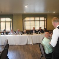 8-21-24 - 75th Installation of Officers, Basque Cultural Center, South San Francisco - As the banquet starts; L to R, left table: Mike Foti; right table: George & Kathy Salet, and Maryah Tucker; head table: Zenaida & Bob Lawhon, Bill Graziano, Joe Farrah, Stephen Martin, and Mario & Rose Benavente.