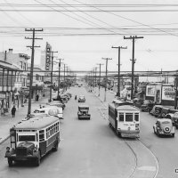 5-12-25 - Photo from a Private Collection courtesy of OpenSFHistory.org - Early bus and streetcar on Geneva Ave.; looking east from Mission St., 1937.